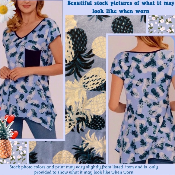 NEW  COASTAL VIBES TUNIC  PLUS SIZE 2X SKY BLUE W PINEAPPLE PRINT ASYM HEM - Picture 2 of 14